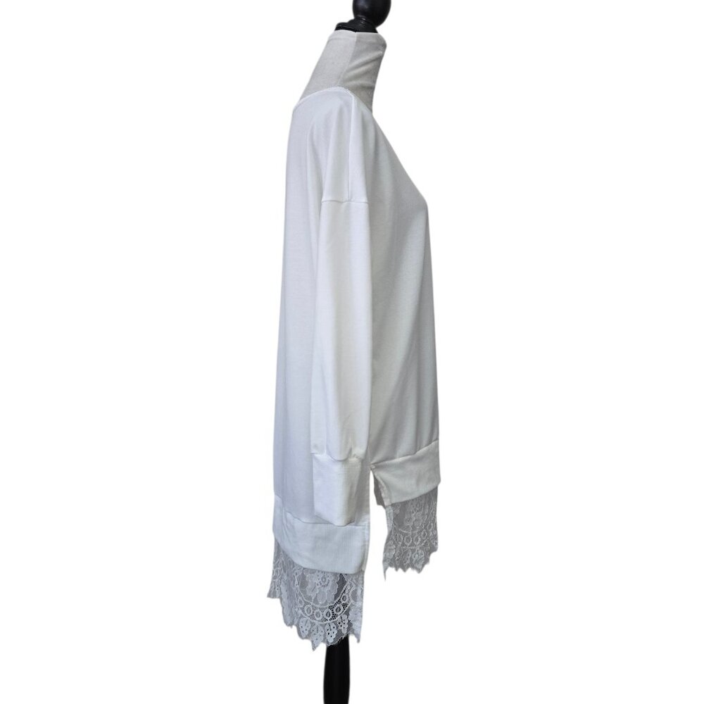 Women's White Long Sleeve Hi Lo Lace Trim Shirt Slits on Sides - Picture 9 of 11